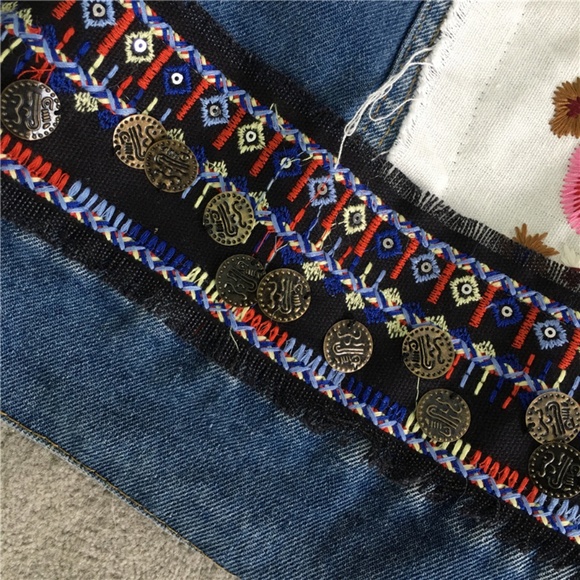 Boho Denim Blue Floral Embroidered Jean Jacket - Picture 11 of 14